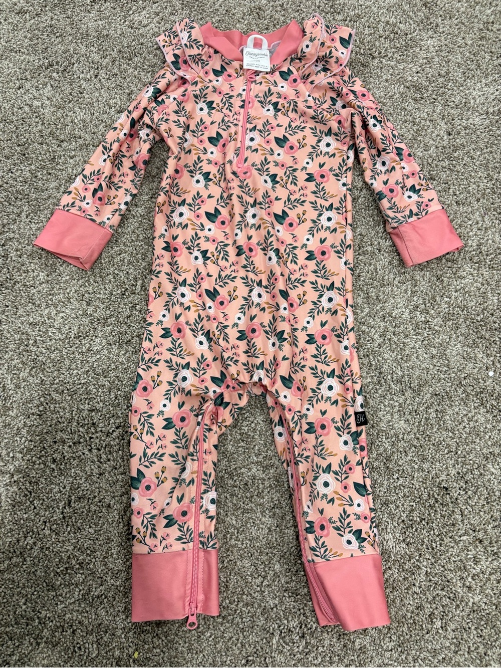Honeysuckle Pink Floral Ruffle Zip Kids One-Piece